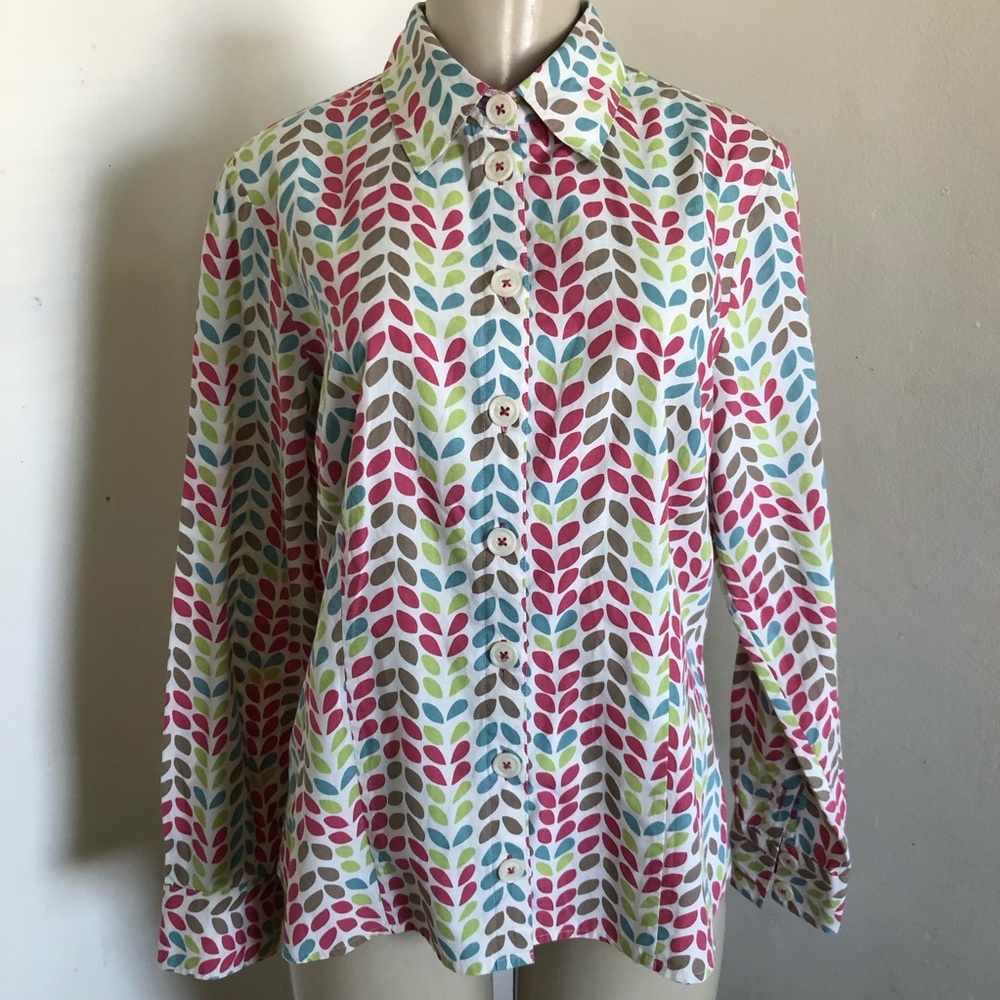 Boden 10 Shirt Pink Green Blue Brown White Leaf
